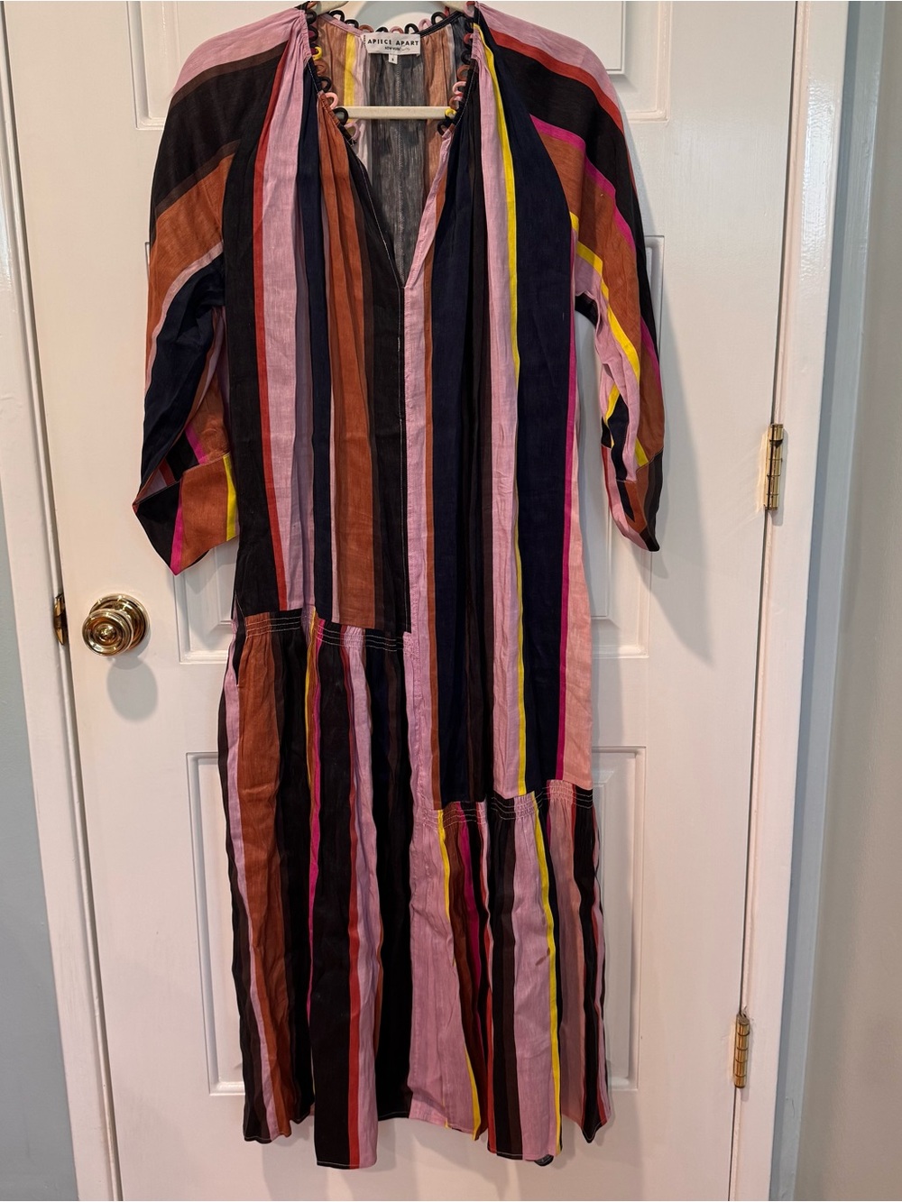 Apiece Apart Striped Midi Dress in Pink, Black, Brown & Yellow